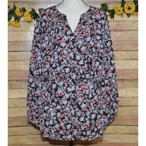 Terra & Sky Black Colorful Floral Blouse Plus Size 2X Button Front V-Neck Belt